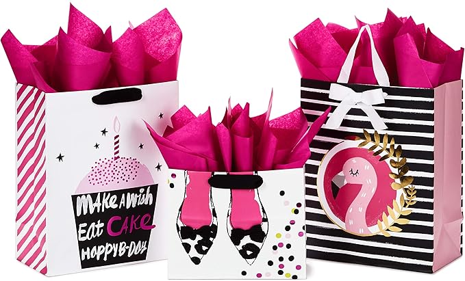 Hallmark Gift Bags Assortment with Tissue Paper - Pink and Black Cupcake, Shoes, Flamingo (Pack of 3: 2 Large 13" and 1 Medium 7" Gift Bags) for Birthdays, Mother's Day, Baby Showers, Bridal Showers