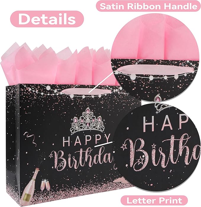 wishinside 16.5'' Extra Large Black Happy Birthday Gift Bag Set with Handles, Greeting Card, Tissue Papers and Stickers for Girls Women Kids Teens, Tiara Design, 1 Pcs