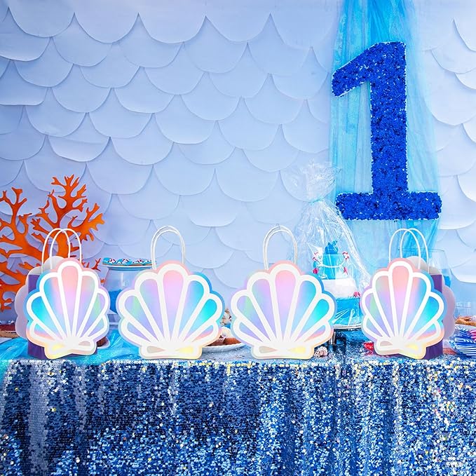 Locmeo 24 Pack Holographic Shell Gift Bags Mermaid Party Favor Bags with Iridescent Shell Cards for Mermaid Themed Supplies Ocean Under the Sea Party Favors