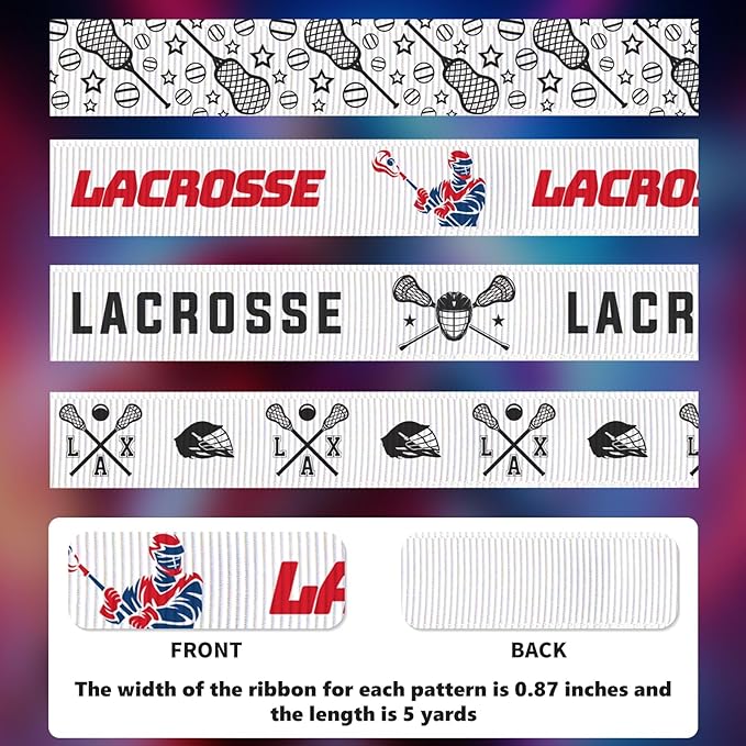 Lacrosse Ribbon - 4 Pack (7/8 Inch x 5 Yards Each), Sports Themed Grosgrain Ribbons - LAX Helmet, Stick & Ball Patterns - Gift Wrapping, Team Spirit, Hair Bows, Crafts