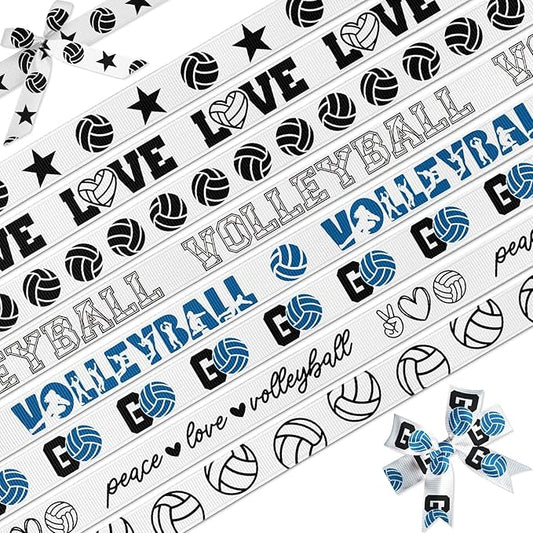 Volleyball Ribbon 8 Pack 24 Yards, 3/8 Inch Grosgrain Ribbons with 8 Different Designs for Hair Bows Crafts Team Decorations Gift Wrapping Cheer Party Supplies