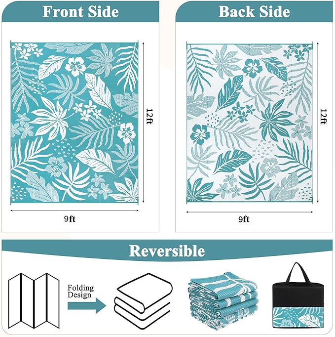 Pauwer Waterproof Outdoor Rug 9x12, Reversible Plastic Straw Patio Camping Rug, Indoor Outdoor RV Mat Carpet for Deck, Camper, Porch, Balcony, Backyard, Picnic, Floral Teal