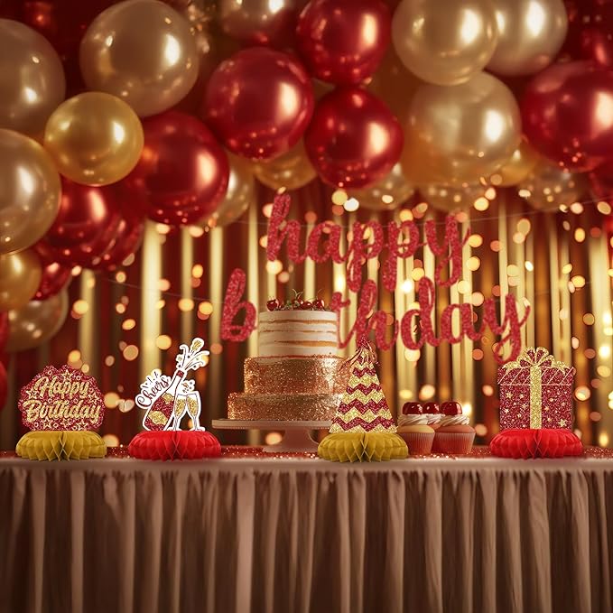 Red and Gold Birthday Decorations – 12PCS Honeycomb Table Centerpieces for Men Women Adults – Happy Birthday Table Decor Party Supplies