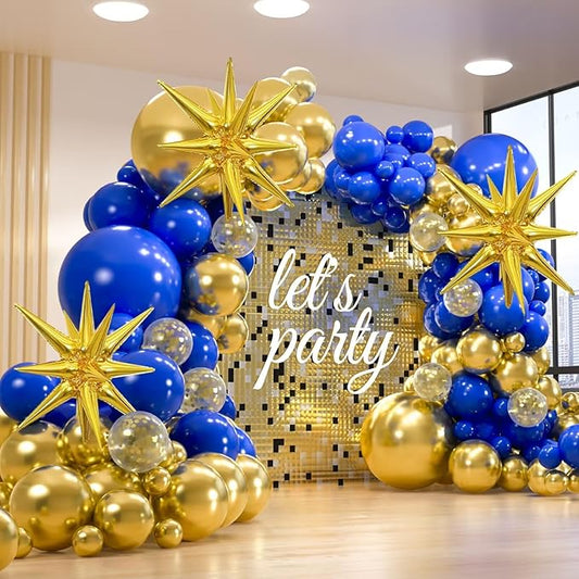 Royal Blue and Gold Balloons Garland Arch Kit, 156 Pack 18" 12" 10" 5" Navy Blue and Gold Confetti Balloons with Star Foil Balloons For Birthday, Graduation, Wedding Party Decorations