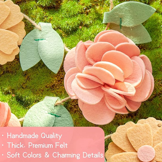 Handmade Felt Flower Garland, Flower Party Decorations, Pre-Strung Spring Garden Decorations for Girls Women Mom, Floral Birthday Party Decor