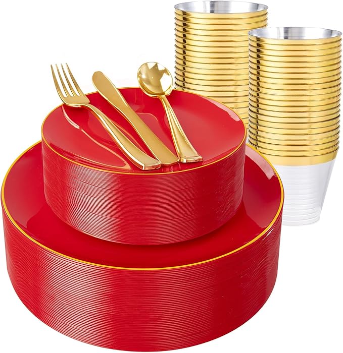 WDF 150Pcs Red Plastic Plates - Red Plates Disposable - 25Guest Dinnerware Include 25 Dinner Plate, 25 Dessert Plate, 75 Cutlery & 25 9oz Cups for Wedding/Birthday/Bridal Shower