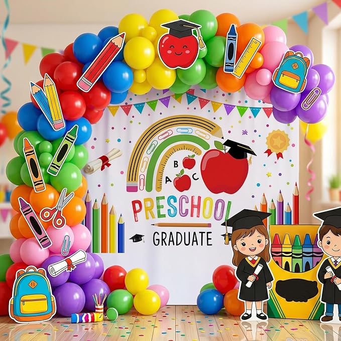 Mocsicka Preschool Graduation Backdrop Pre Kindergarten Congrats Grad Party Decoration Class of 2026 Graduation Ceremony Background Supplies Photo Booth Props (White, 7x5ft (82x60 inch))