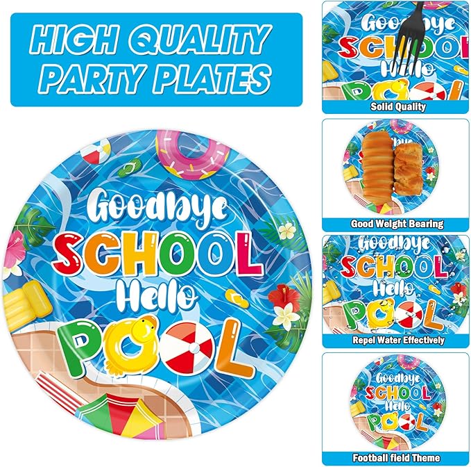 Qyeahkj 100 Pcs Pool Party Decoration for Goodbye School Hello Pool Paper Plate Napkin End of School Year Dinnerware Table Supplies Summer Vacation Graduation Birthday Party Tableware Decor Serves 25