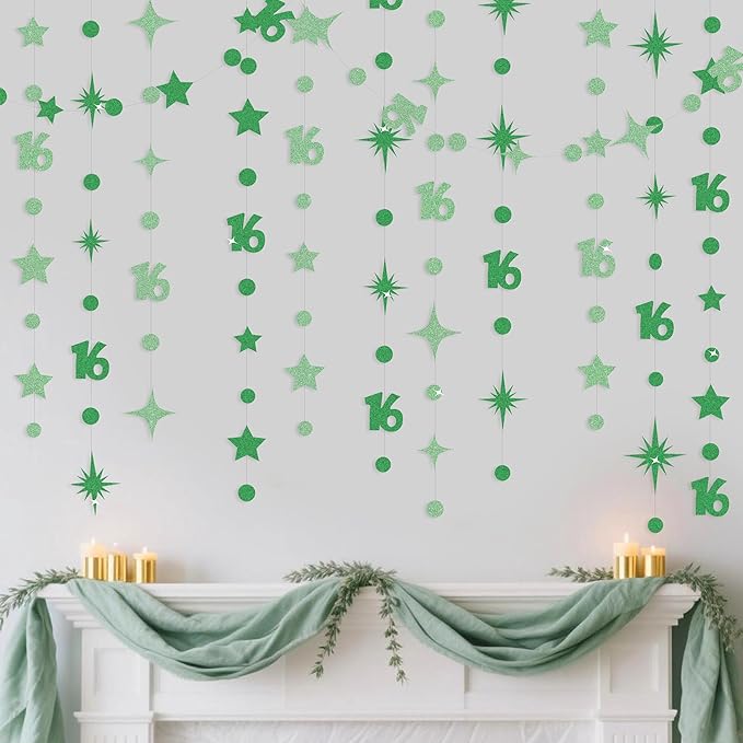 Green 16th Birthday Decorations Number 16 Circle Dot Star Garland Glitter Streamer Banner Backdrop for Girls Boys Sweet Sixteen Cheers to 16 Years Old Birthday 16th Anniversary Party Supplies