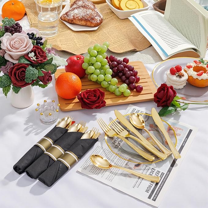Supernal 30 Pack Pre Rolled Gold Plastic Silverware Set with Napkins, Wrapped Plastic Cutlery Set, Disposable Utensils Includes 30 Forks, 30 Knives, 30 Spoons, 30 Napkins for Party, Wedding