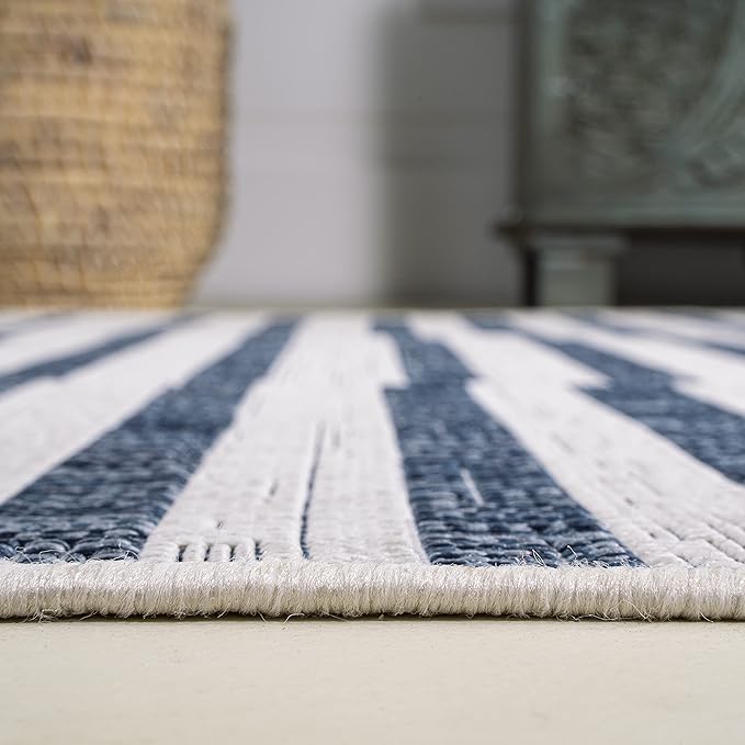 JONATHAN Y Offset Stripe Indoor Outdoor Area Rug 3X5 Ivory/Blue, Sukie Modern for Backyard, Patio, Porch, Easy-Cleaning, High Traffic, Pet-Friendly, Non-Shedding (SMB133C-3)