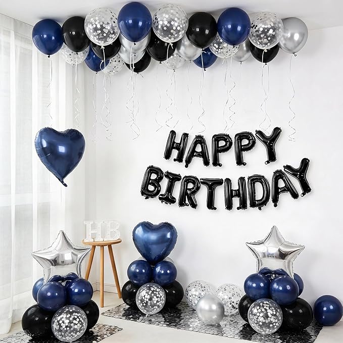 Navy Blue and Black Birthday Decorations for Men,Blue Black White Balloons Happy Birthdays Balloon Banner Silver Confetti Balloons for Men Boy Girls Women Adults Birthday Party Decorations