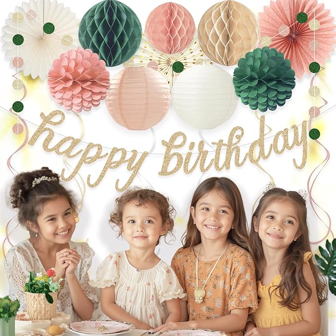 Pink Sage Green Happy Birthday Decorations, Pre-Strung Happy Birthday Banner with Honeycomb Balls, Paper Flowers, Lanterns, Hanging Swirls, Circle Dots Garland for Birthdays Party Decorations 24pcs