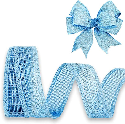 Blue Burlap Ribbon 1 inch x 10 Yard Natural Linen Woven Wired Ribbons DIY Handmade Edging Production Wreath Holiday Decoration Gift Ribbon for Gift Wrapping Light Blue Ribbons