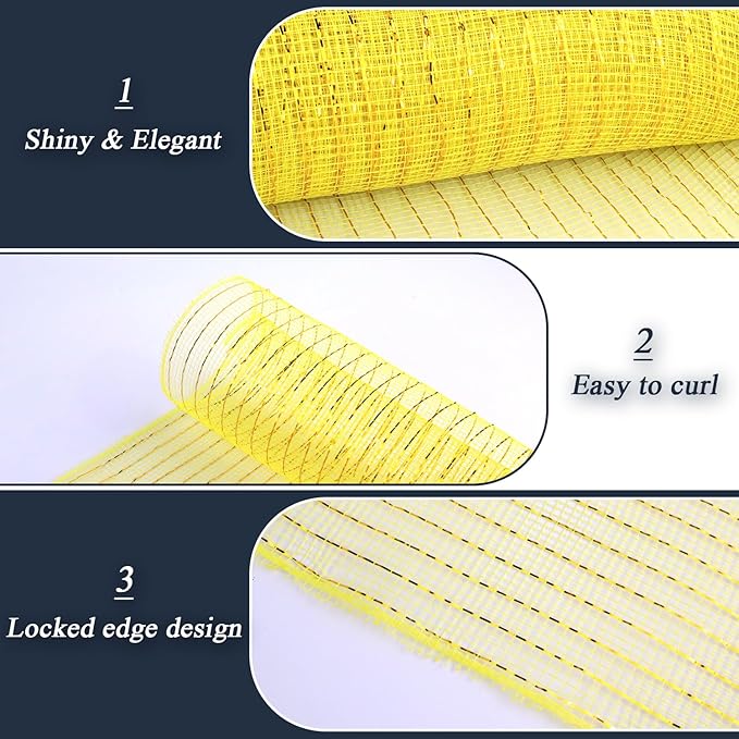 2 Pcs Yellow Deco Mesh Ribbon Rolls 10 Inch 10 Yards(30 ft) Decorative Mesh Fabric with Foil for Wreaths Christmas Tree Ribbon Door DIY Craft Halloween Decor Wedding Party Supplies (Yellow, 2Pcs)