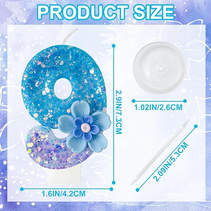 Blue Purple Flower Birthday Number Candles, Flower Theme Party Decorations, Cupcake Decorations, Suitable for Party Celebrations, Boys and Girls Birthday Decorations（9） (Number 9)