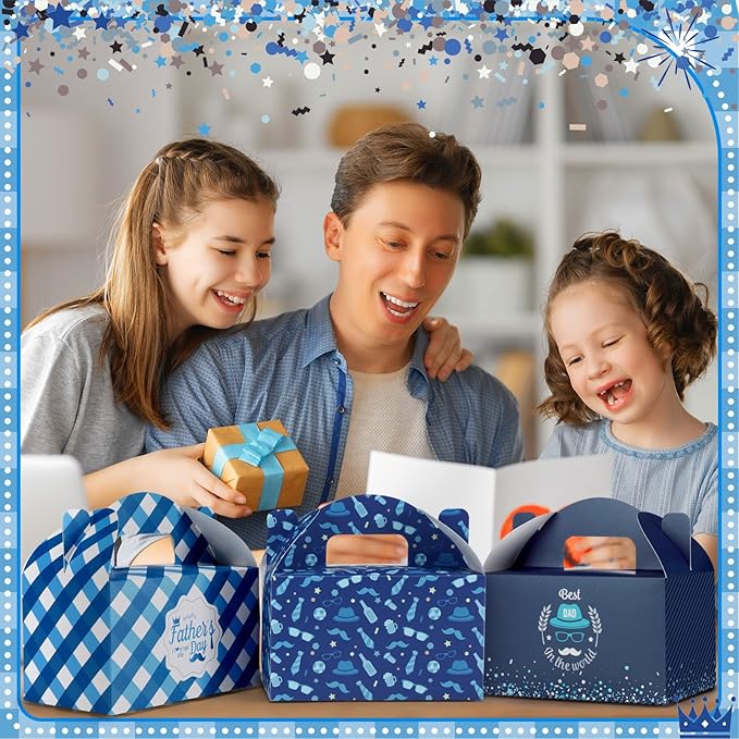 Dunzoom 100 Pcs Father's Day Gift Boxes Happy Father's Day Party Supplies Blue Goodie Candy Boxes Holiday Paper Gift Container for Dad's Birthday Decoration