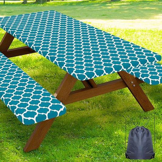 Smiry Picnic Table Cover with Bench Covers, Waterproof Elastic Fitted Tablecloth for 5 Foot Tables, Washable Polyester Tablecloths for Camping, Indoor & Outdoor (Aqua, 30x60 Inch 3-pc Set)