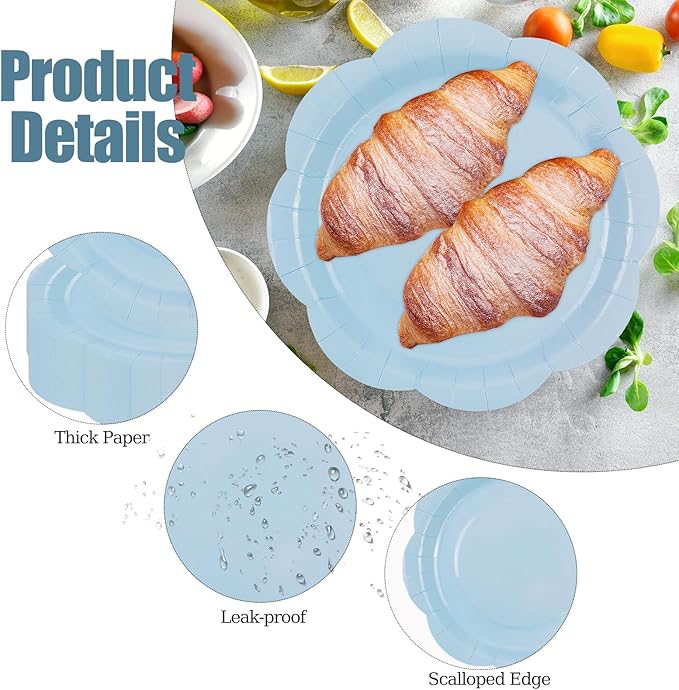 30 Pack Blue Paper Plates 9 Inch, Disposable Scalloped Plates Cake Dessert Plate for Dinner Baby Shower Wedding Bridal Shower Birthday Party Supplies (Blue, 9 inch)