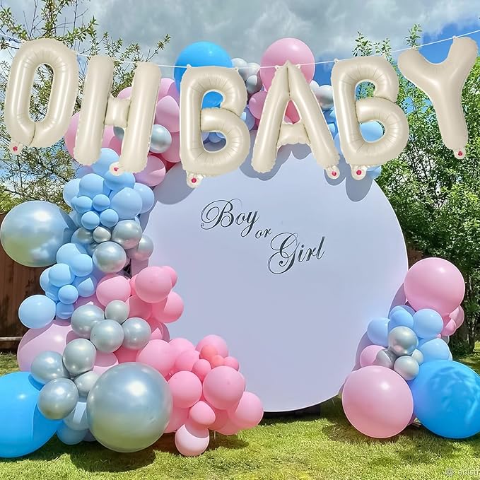 40 Inch OH Baby Balloons Letters, Cream OH BABY Backdrop, Babies Sign for Gender Reveal Decorations