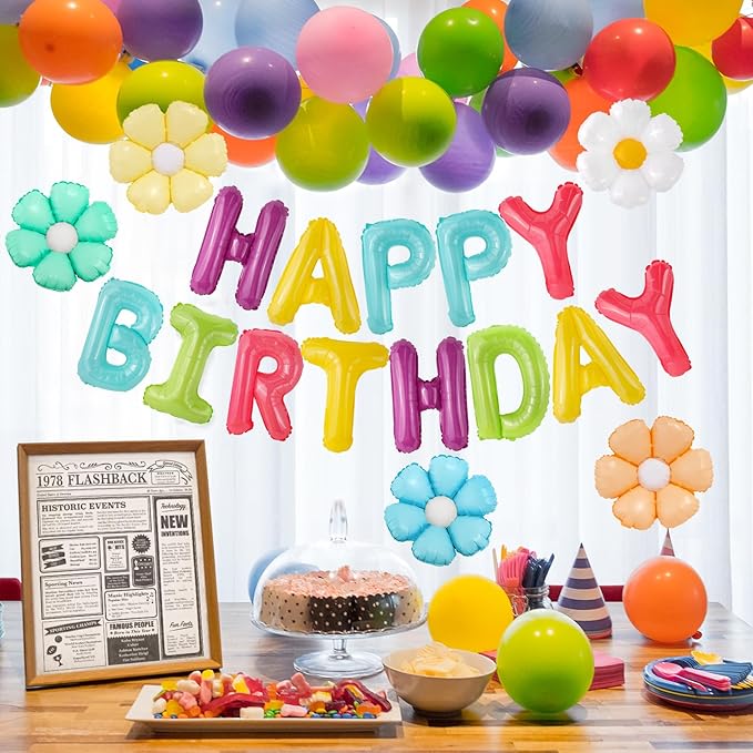 CANREVEL Happy Birthday Banner 13pcs 16 Inch Mylar Foil Letters with 5pcs Flowers Balloons Birthday Party Decorations for Kids and Adults - 3D Macaron