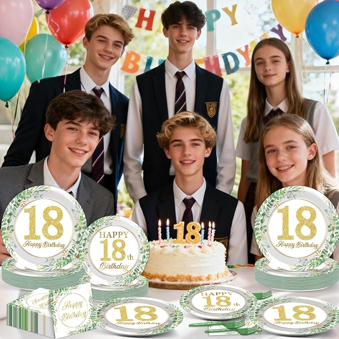 Qyeahkj 100 Pcs 18th Birthday Decorations Party Tableware Set Greenery Eucalyptus Paper Plates Sage Green Plates Forks and Napkins 18th Birthday Party Decors for 18 Years Girls Women Serve
