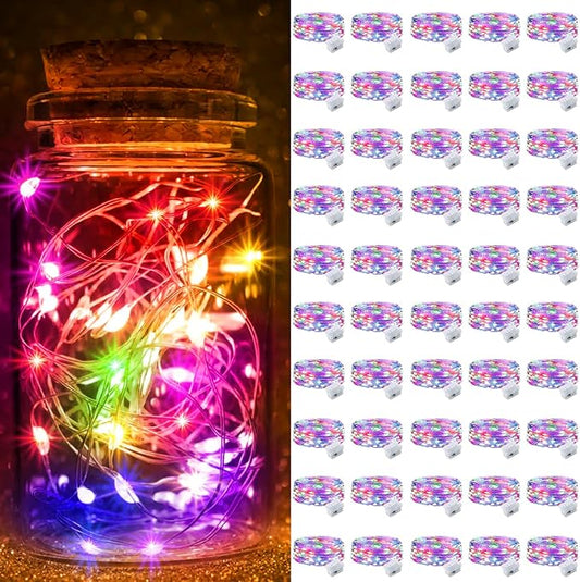 pozzolanas 50 Pack Multi-Colored Fairy Lights Battery Operated 3 Modes 7FT 20 LED Waterproof String Lights Twinkle Silver Wire for Mason Jars Wedding Christmas Halloween Decor (50, Multi-Colored)