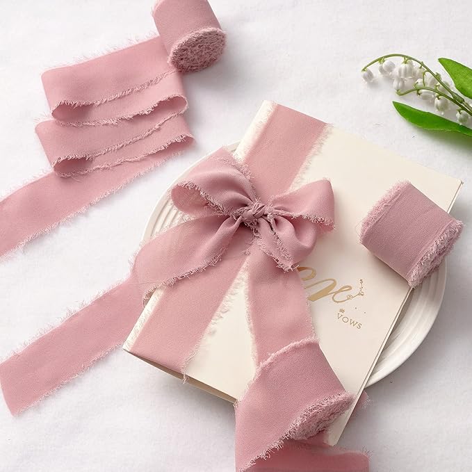 Ribbon, 6 Rolls Dusty Rose Wedding Chiffon Ribbon, 1 1/2 inch x 7Yd Ribbons for Flower Bouquet, Silk Ribbons for Crafts, Wedding Decor, Bridal Bouquets, DIY Crafts for Mothers Day