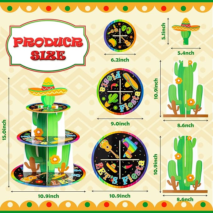 Haooryx Mexican Fiesta Party Cupcake Stand - 3 Tier Let’s Fiesta Cupcake Tower Cardboard Cactus Sombrero Dessert Holder for Kid Cinco De Mayo Taco Summer Carnival Birthday Party Cake Decortion Supply