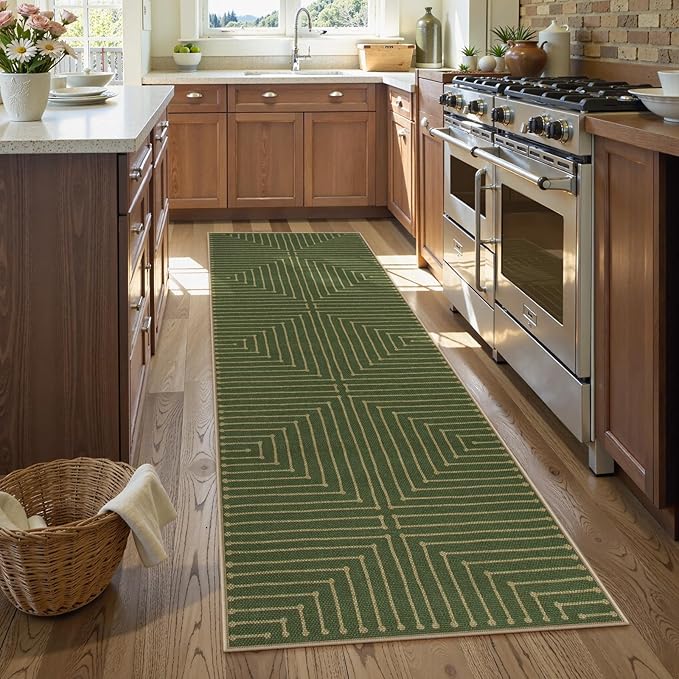 Lahome Neutral Geometric Green Runner Rug for Hallway, 2x8 Washable Kitchen Entryway Runner, Farmhouse Rhombus Low Pile Non Shedding Indoor Outdoor Carpet for Laundry Room