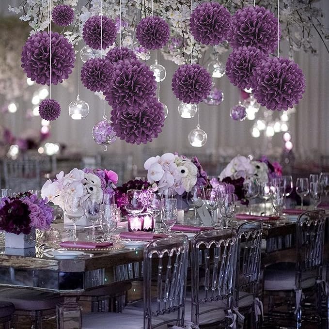 20 PCS Purple Tissue Paper Pom Poms, Tissue Pom Poms Flowers, Sizes of 6", 10", 12", 14" Hanging Paper Flower Ball for Wedding, Birthday, Halloween, Christmas, Baby Shower Party Decor
