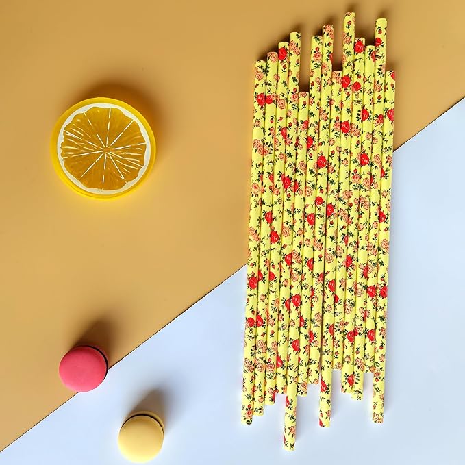 100 pcs Yellow With Red Rose Flower Paper Straws, Wild Floral Juice Beverage Party Drinking Straws, Vintage Retro Garden Tea Wedding Spring Summer Valentine Decor Cake Pop Sticks (Flower H003)