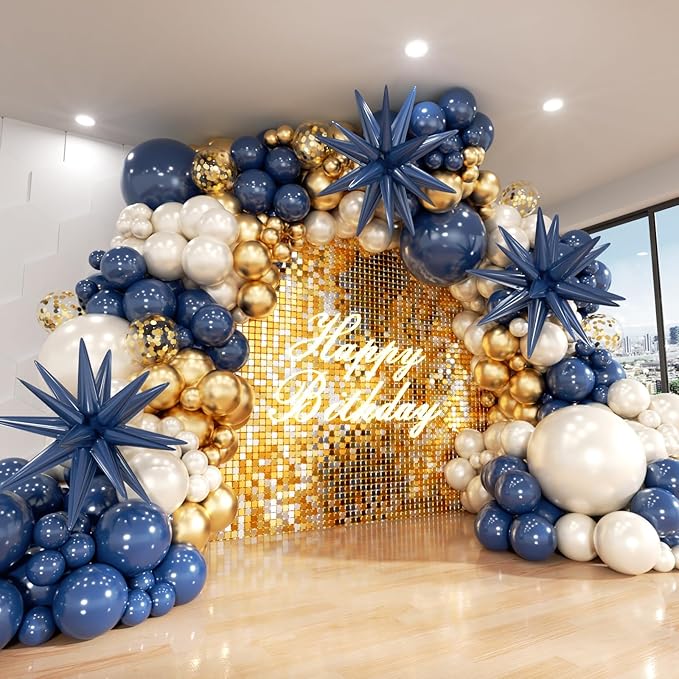 Navy Blue Gold White Balloon Arch Kit, Double Stuffed Pearl Sand White Royal Dark Blue Chrome Gold Confetti Balloons Garland Kit for Birthday Graduation 2026 New Years Party Decoration