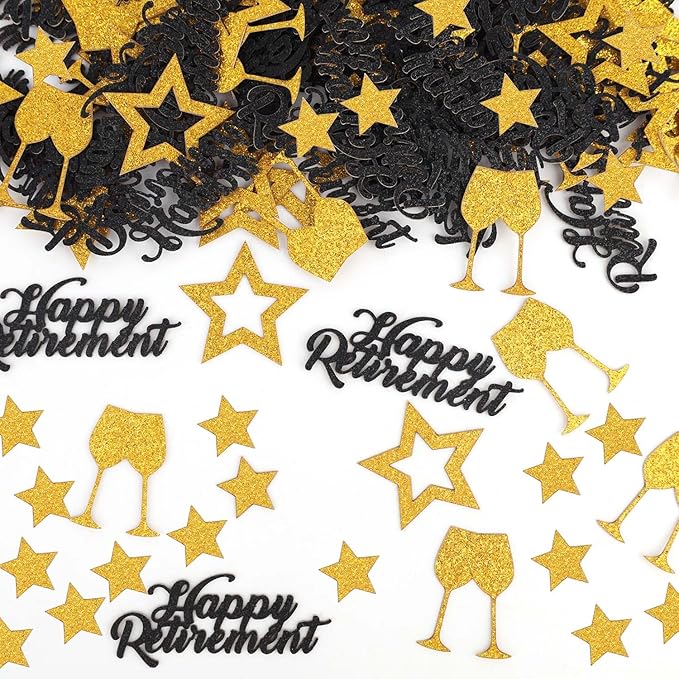 100pcs Gold Confetti, 4 Design Happy Retirement Confetti Wine Glass Five-Pointed Star Letters Birthday Table Decorations Gold Table Scatter for Wedding Office Farewell Party Celebration Supply