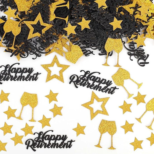 300pcs Happy Retirement Confetti, Black & Gold Table Confetti for Retirement Party Decorations Glitter Table Scatter for Farewell Party Decor Gifts Cake Centerpieces