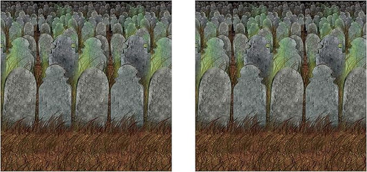 Beistle Graveyard Backdrops – 2 Printed Tombstone Cemetery Plastic Wall Coverings for Halloween Haunted House Party Décor Indoor Spooky Scene Background Display, 4 Ft x 30 Ft Each