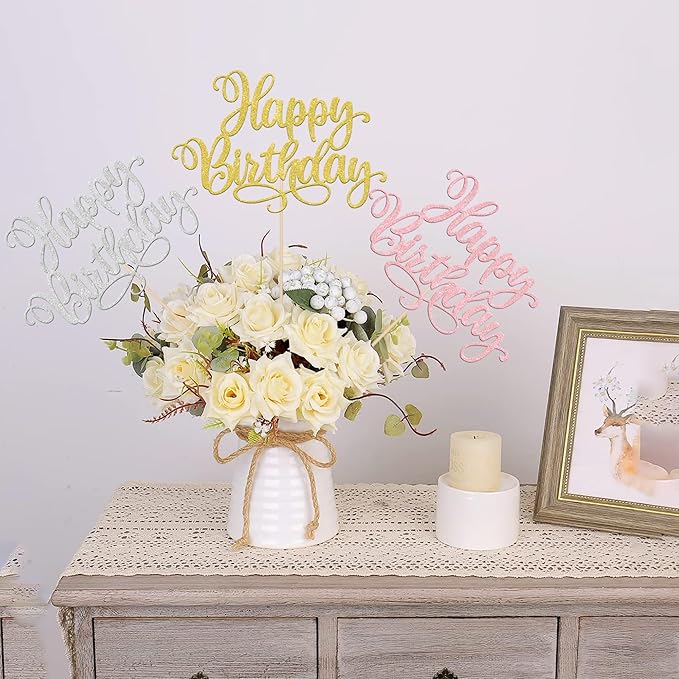 12 PCS Happy Birthday Centerpieces Sticks Double Sided Glitter Birthday Party Decorations Anniversary Table Flower Centerpiece for Celebrating Birthday Party Centerpieces Supplies Multi 4 Colors
