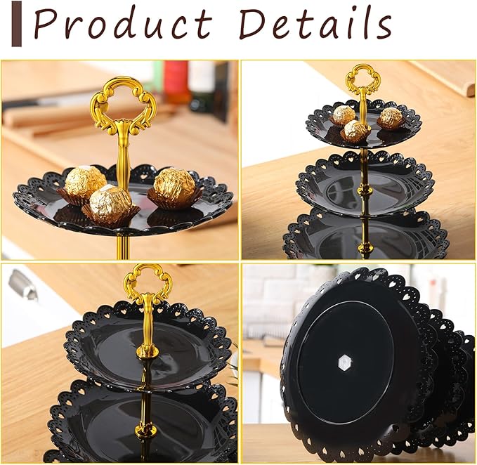 8 Pieces 3 Tier Plastic Cupcake Black Pastry Stand Cake Fruit Candy Dessert Table Display Set Tiered Serving Tray Round and Square Cup Cake Tier Stand for Wedding Birthday Tea Party Decoration