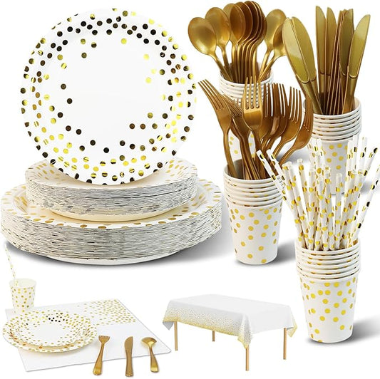 Party Supplies 201pcs White & Gold Plates and Napkins Sets - Disposable Dinnerware Sets for 25 Guests with Paper Plates Cups Straws Plastic Cutlery 1 Tablecloth - Bridal Shower Birthday Wedding