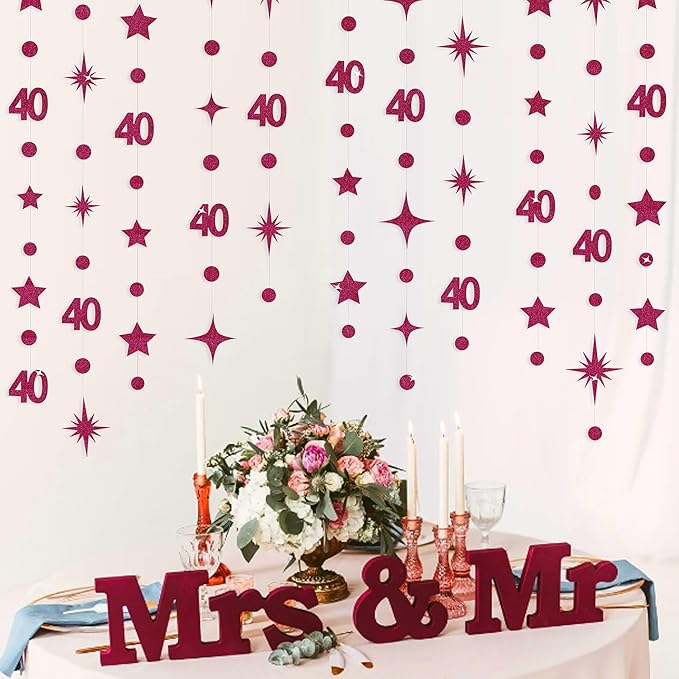 Burgundy 40th Birthday Decorations Number 40 Circle Dot Star Garland Glitter Streamer Banner Backdrop for Women Men Forty Fabulous Cheers to 40 Years Old Birthday 40th Anniversary Party Supplies