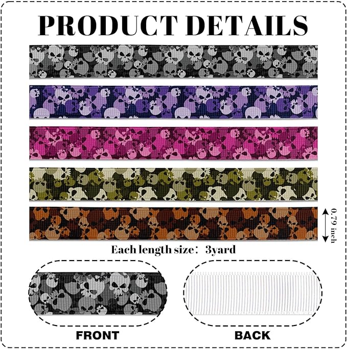 4/5 Inch Skull Camo Ribbon for Crafts, 15 Yards Grosgrain Camouflage Ribbon Set, 5 Rolls Single Sided Fabric Strip for DIY Bows, Gift Wrapping, Masculine Party Decor