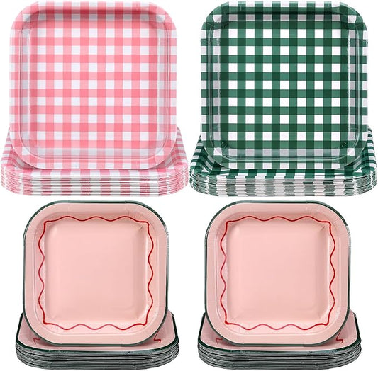 Pickmesh 100 Pcs Camp Gingham Paper Plates Disposable Scalloped Plaid Plates Camp Bachelorette Party Supplies Checked Cocktail Dinner Dessert Tableware for Witch Wedding Birthday Baby Bridal Shower