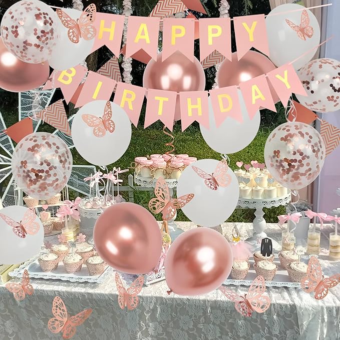 Rose Gold Birthday Decoration, 18 pcs 12 inch Happy Birthday Banner with Butterfly Stickers and Balloons for Girl and Women Happy Birthday Decorations