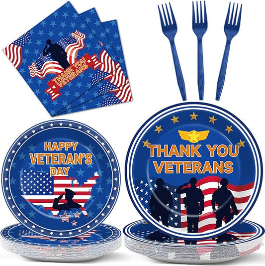 96PCS Happy Veterans Day Party Supplies Thank You Veterans Plates and Napkins Patriotic Army Deployment Honor Soldier Decoration for American Flag Greeting Heroes Tableware Dinnerware Serves 24 Guests