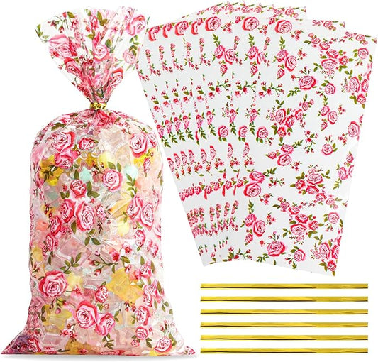 Docvania Floral Cellophane Treat Bags Plastic Gift Bag 100 pcs 5 X 11 Flowers Cookie Bags with Ties Goodie Candy Bag Suitable for Mother's Day, Valentine's Day, and Holiday Parties