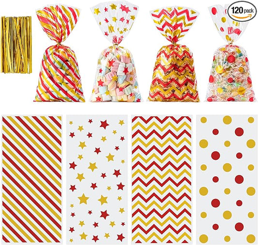 Aegero 120 Pack Red/Gold (wave dots/ wave stripes /diagonal stripes/Star Printed)Cellophane Treat Bags,10.63 x 5.12 Inch Plastic Candy Goodies Bags with 140 Pcs Twists for Valentine,Birthday,Bakery,Wedding,Gift Cookie Snack Packing,Party Favor Supplies