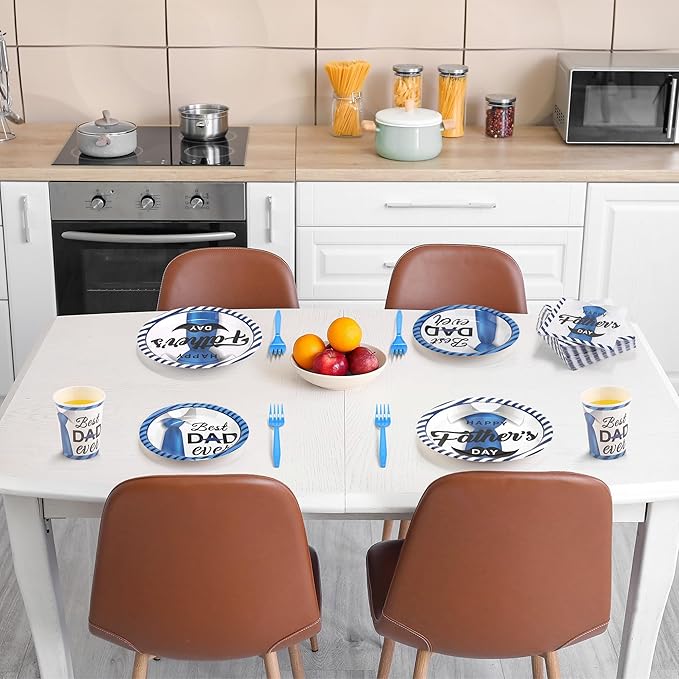 Kochorie 144 Pieces Father's Day Party Tableware Sets Including Disposable Plates Napkins Cups Forks Serves 24 for Father's Day Decorations Dad Grandpa Celebration Happy Father's Day Party Supplies