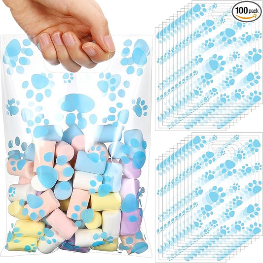 Pasimy 100 Pcs Dog Paw Gift Bags Bulk Pet Paw Puppy Plastic Treat Favor Candy Goodie Bags with Handle for Dog Birthday Party Decoration Supplies(Clear Blue)