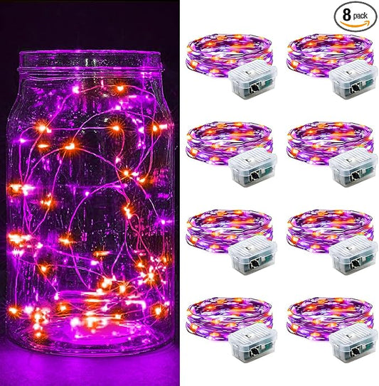 8 Pack Fairy Lights 7Ft 20 LED Twinkle String Lights Battery Operated Waterproof Firefly Starry for Mason Jar Party Wedding Christmas Valentines Day,Orange&Purple