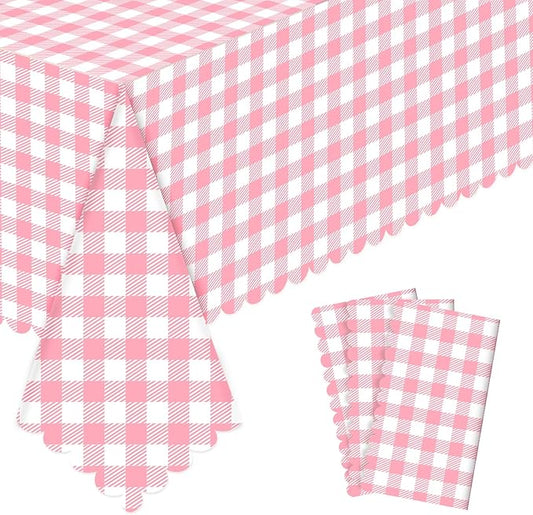 NatNarr 3 Pack Pink Gingham Tablecloths, 54 X 108Inch Scalloped Pink and White Checkered Table Cloth, Disposable Party Table Covers for Wedding Picnic Birthday Baby Bridal Shower Anniversay